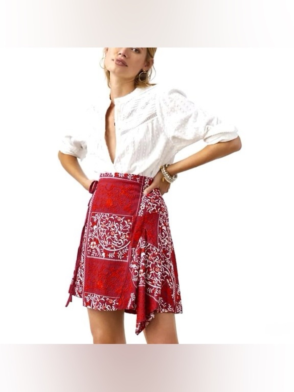 Anthropologie Red Embroidered Boho Asymmetrical Ruffle Wrap Skirt in Size 6